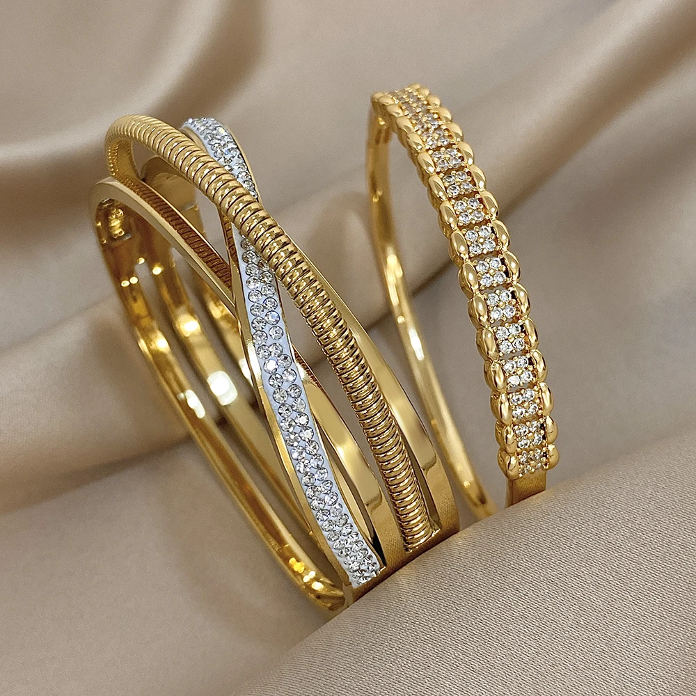 Gekreuzte Strass Edelstahl Offene Manschette Armreifen Armbänder Mode Charm Armband Schmuck Set Handgelenk Zubehör