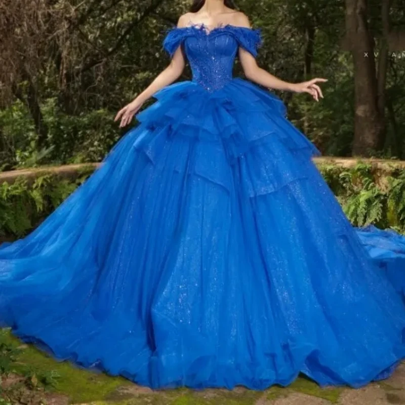 Luxus Königsblau Vestidos de 15 Años Tüll Quince anera Kleid süß 16 Geburtstags feier Kleid Prinzessin Abschluss ball Tanz kleid Festzug