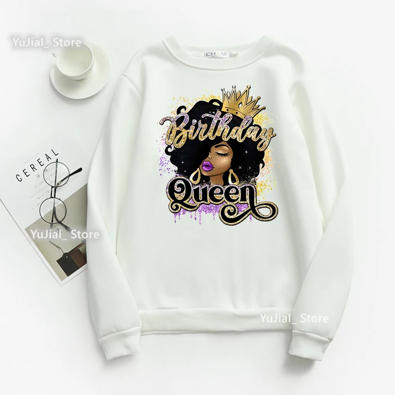 Glitter วันเกิด Queen Crown พิมพ์ Sweatshirt ผู้หญิงสีดำมายากลเมลานิน Hoodies ฤดูหนาว/ฤดูใบไม้ผลิ/ฤดูใบไม้ร่วงเสื้อ