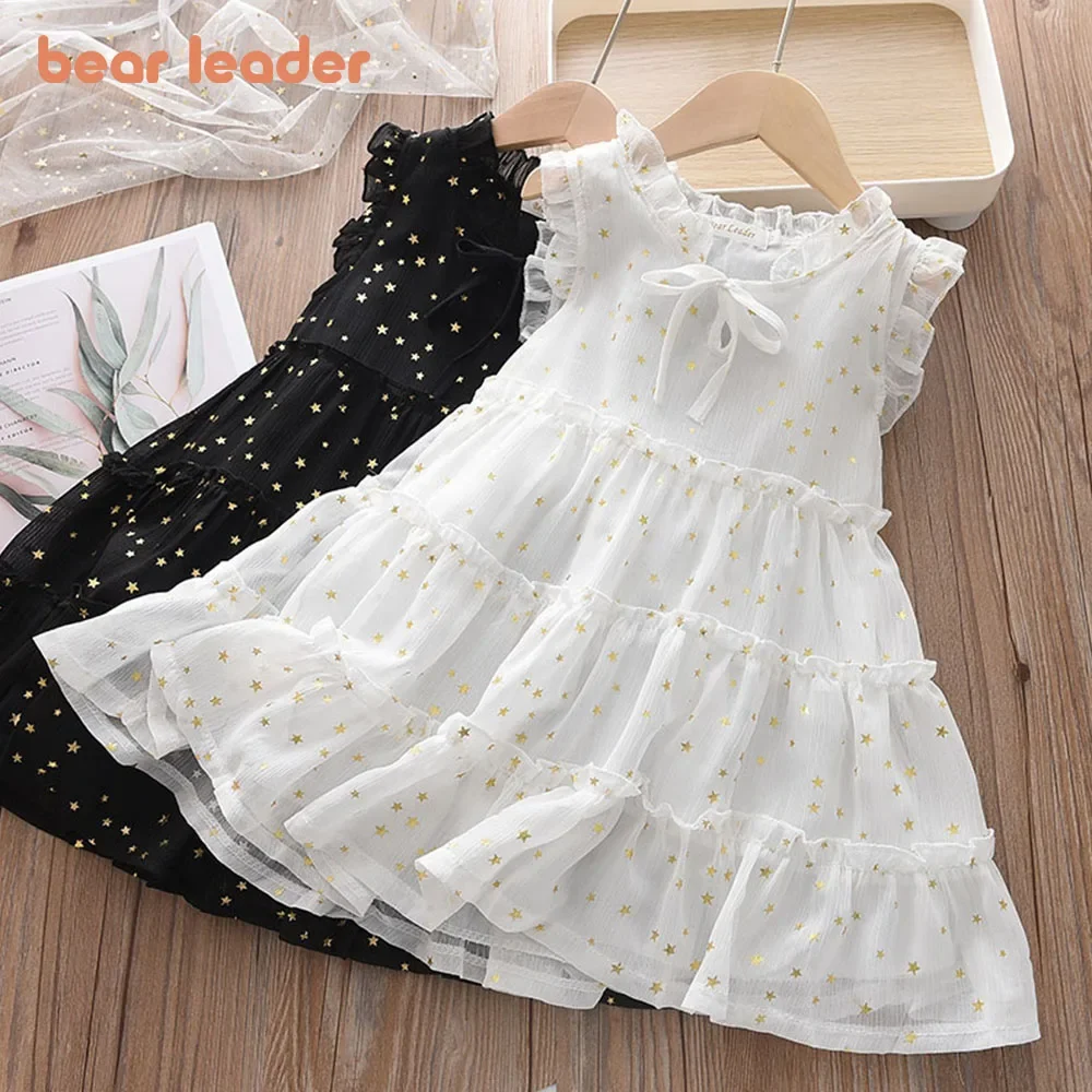 Bear Leader Einfarbiges, modisches, niedliches, ärmelloses, geschichtetes A-Linien-Kleid, lässige koreanische Version, Sommerkleidung für Mädchen im Alter von 3–7 Jahren