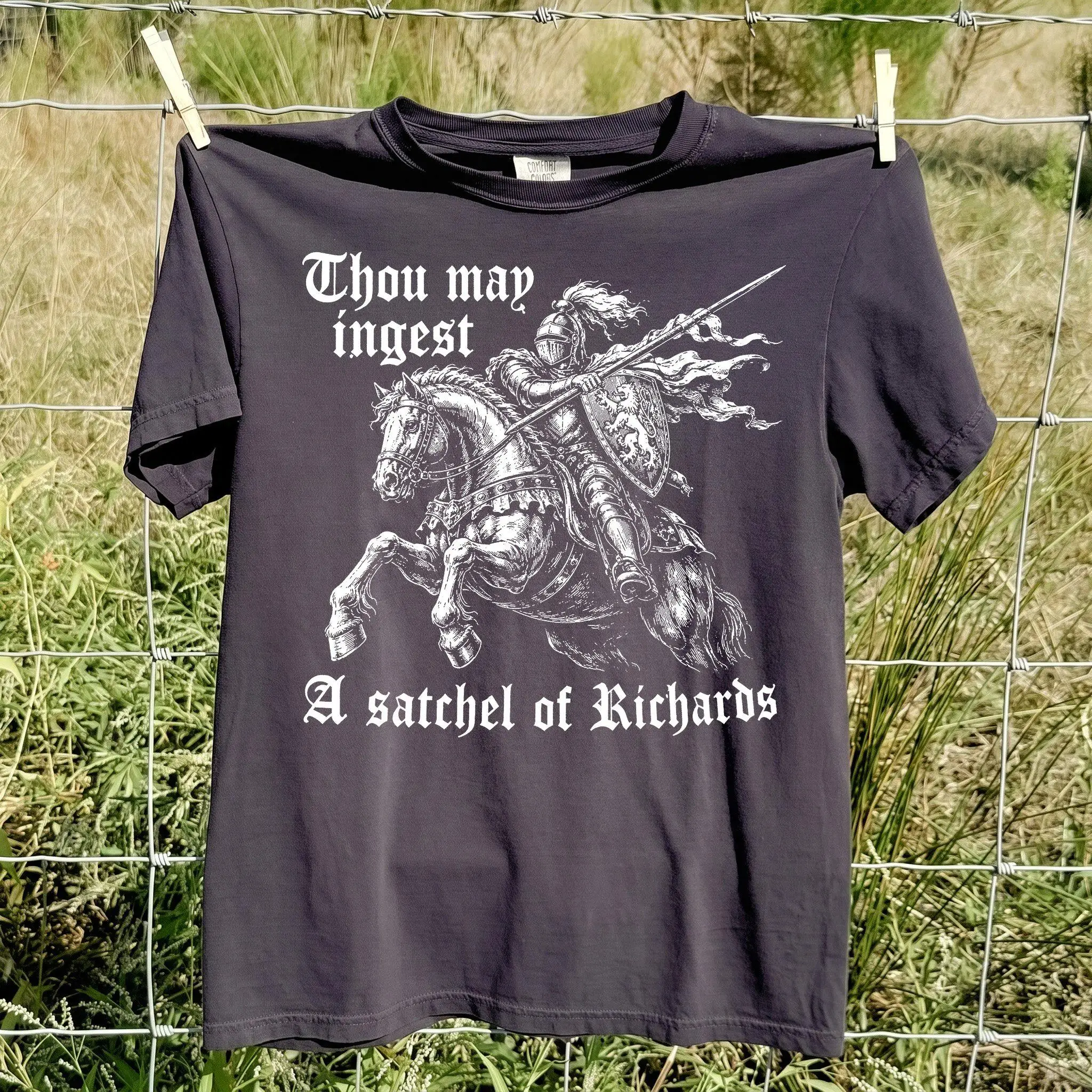 Knight Riding Horse Satchel of Richards T-Shirt, Medieval Dark Humor Tee