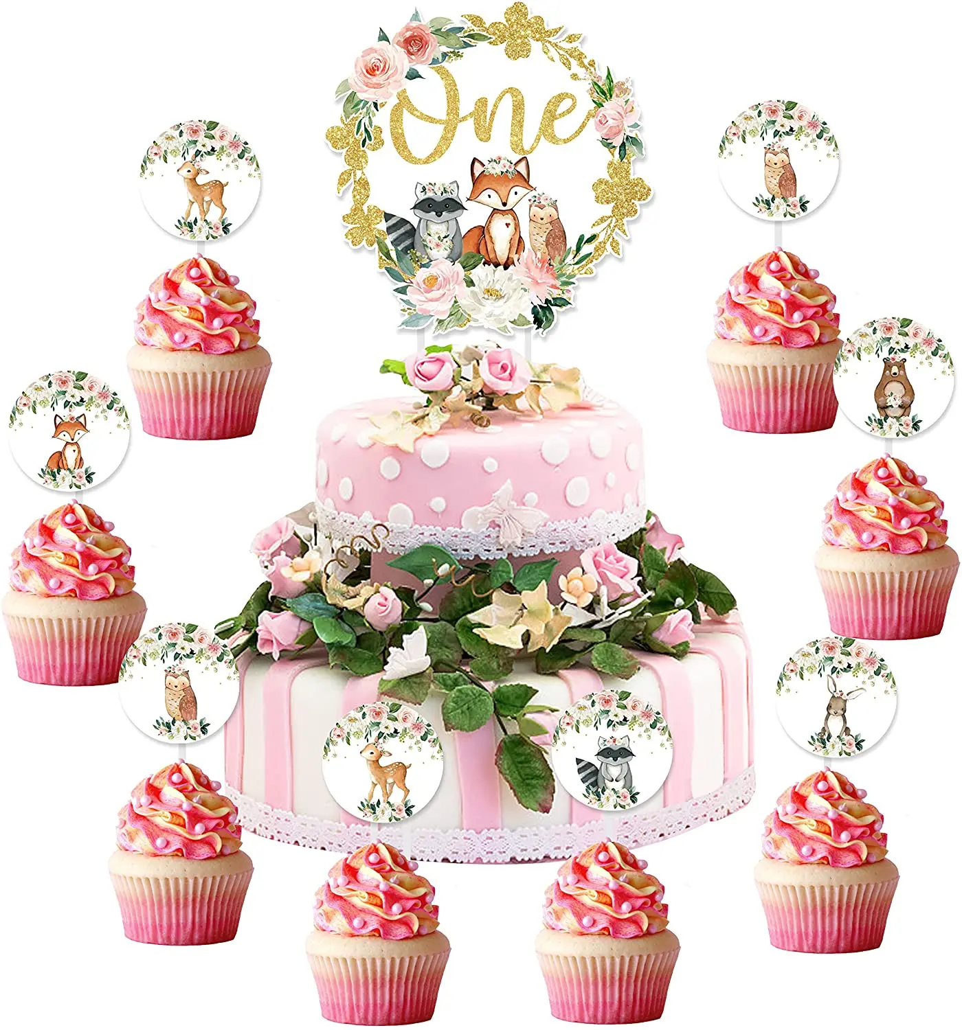 

Woodland One Cake Cupcake Topper, 1st Birthday Decorations, Party Supplies for Baby Girls