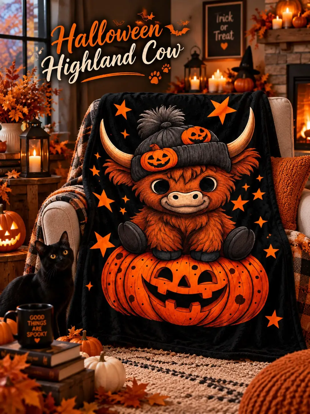 Halloween Flannel Blankets & Throws Highland Cow Jack O Lantern Star Sofa Bed Nap Cover Living Room Bedroom Reading Travel Camping Home Decor Anniversary Birthday Gift for Women Men Mom Dad Grandma Grandpa Wife Husband Family Friends Movie Night