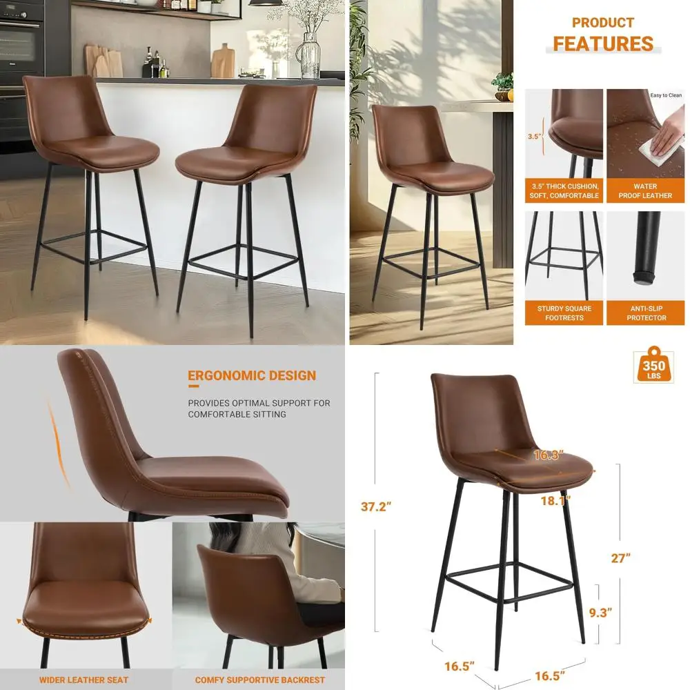 pair of fsc certified upholstered faux leather bar stools with backrest and metal base, 27