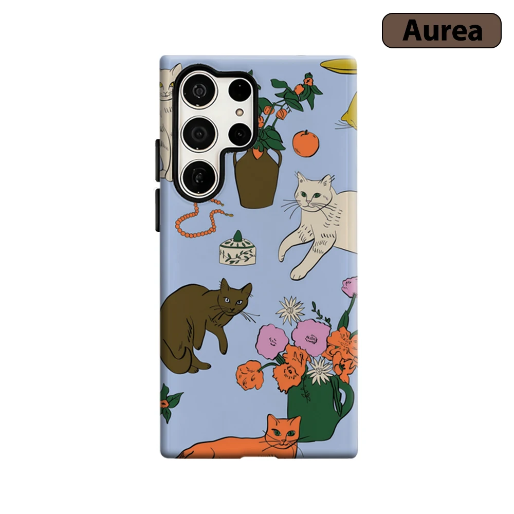 Vintage Katzen- & Blumen-Stilleben-Handyhülle für Samsung Galaxy S25 Ultra S24 S23 Ultra Plus Stoßfeste Doppelschicht-Rückabdeckung