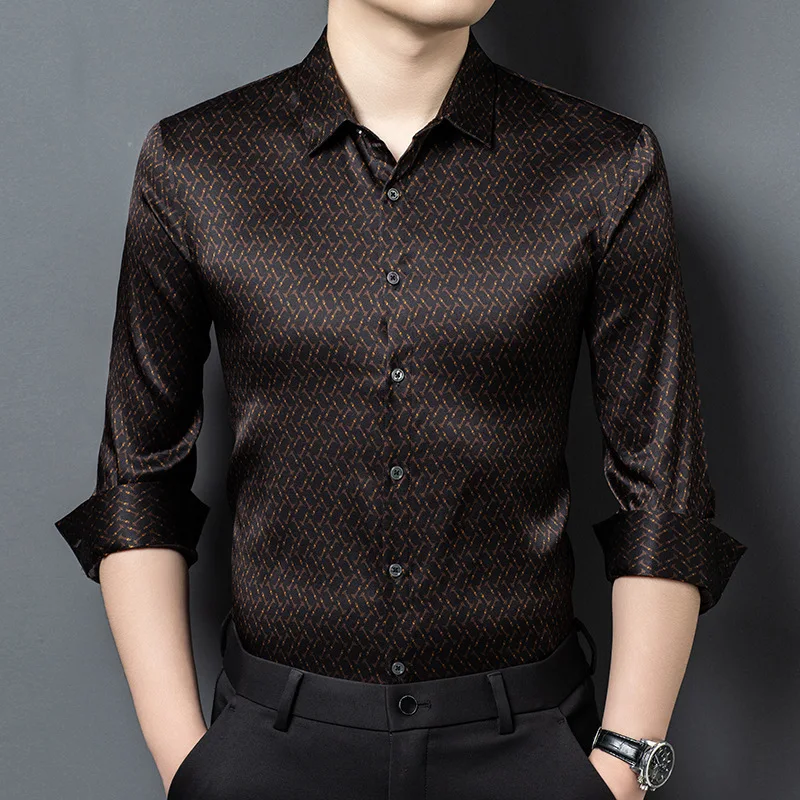 

Мужская тонкая рубашка с длинным рукавом и отложным воротником, шелковая, деловая, повседневная, весенняя новинка