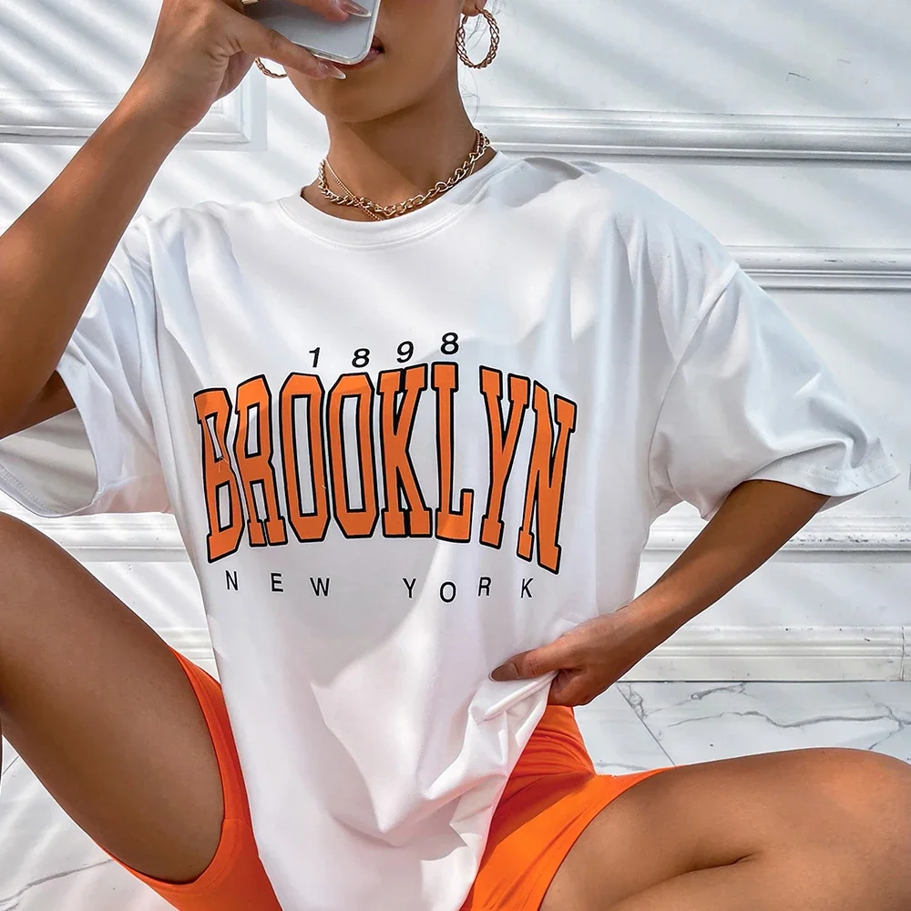 Brooklyn Print T-Shirt Women O Neck Pullover Vintage High Street Wear Base Layer T-shirt Outfits Summer Female Blouse Y2k Tops