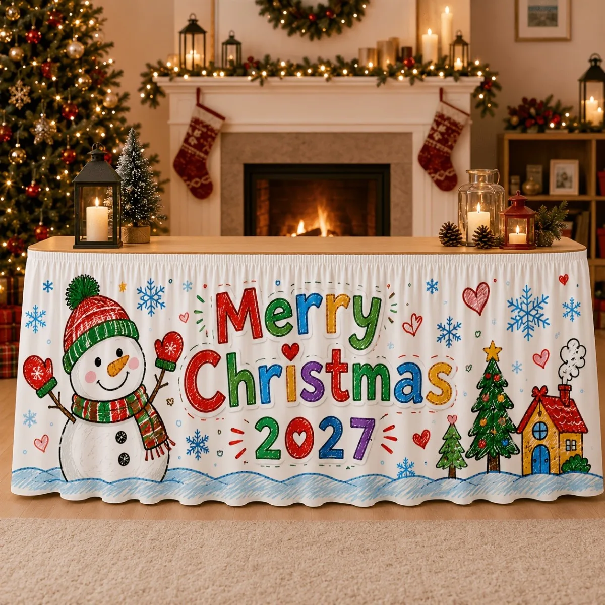 2027 Tablecloth, Cartoon Snowman Christmas Tree House Snowflake Heart Pattern Tablecloth, for Christmas Holidays