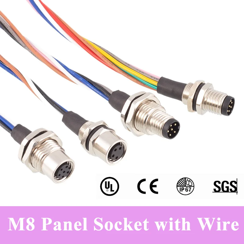 M8 3 4 5 6 8 Pin Aviation Socket Plug with 30CM Line IP67 Waterproof Male Female Panel Front Rear Cable Connector with Line