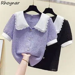 Kawaii Lace Shirts Women S-3XL French Fashion Puff Sleeve Girlish Temper Vintage Elegant Aesthetic Sweet Designer Рубашки Casual