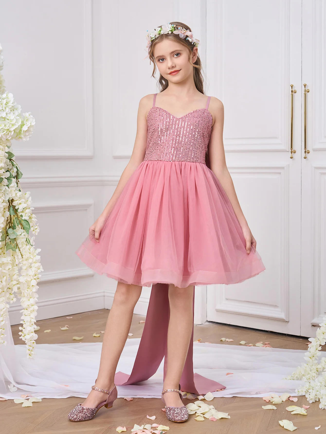 

Детский наряд; платье принцессы; пышное тюлевое праздничное платье с пайетками и цветочным принтом для девочек; наряд для крещения на первый день рождения ребенка