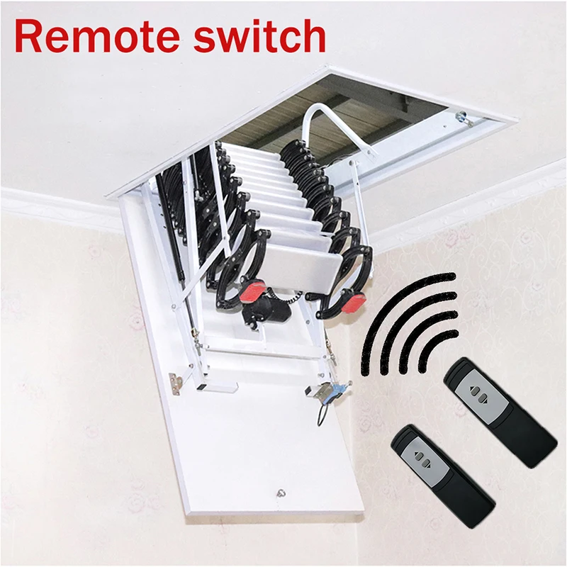 Escaleras de ático eléctrico con pasamanos, control remoto, techo plegable, escalera telescópica con escotilla