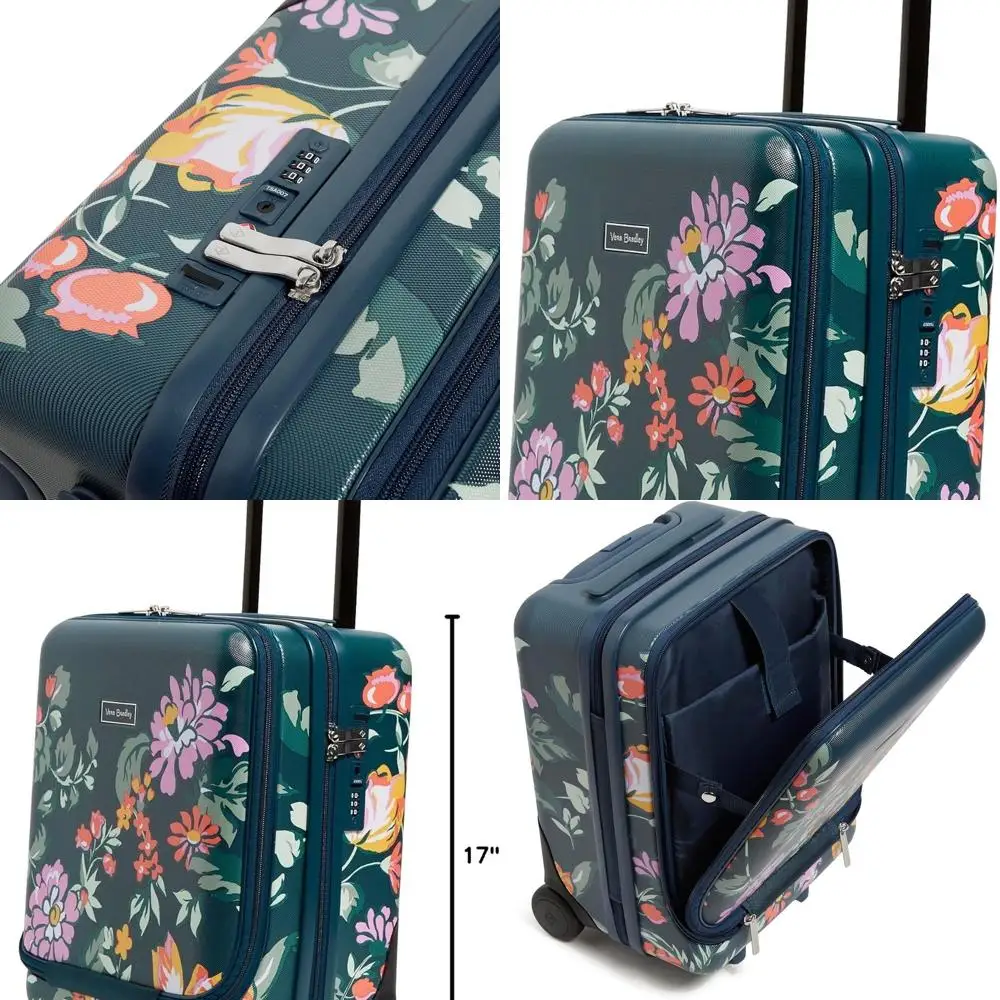 

Compact Rolling Luggage with Fresh Floral Green Design Under Seat