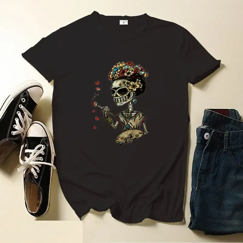 Skull Day of The Dead Graphic T Shirts Skeleton Woman Tshirts Mexican Heritage Flowers Black Tops Casual Kawaii Funny Clothes