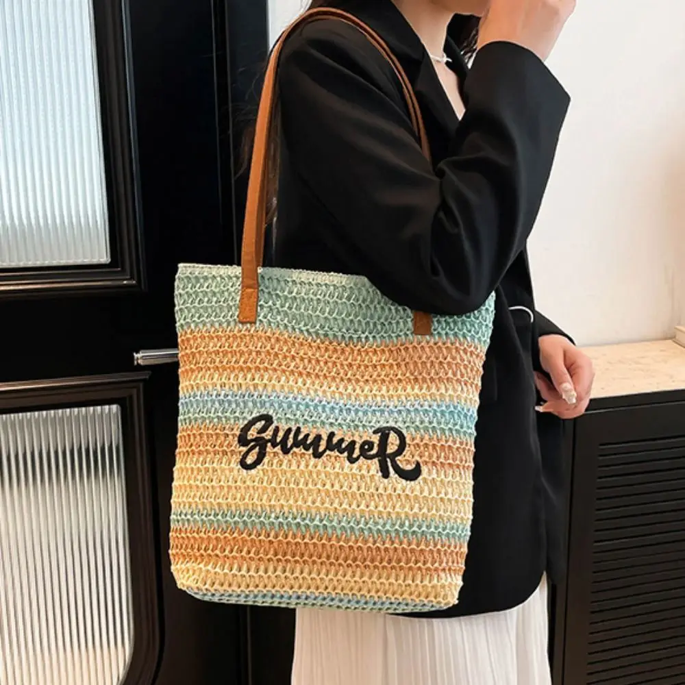 

Bohemian Style Strip Woven Bag Beach Handbag Hollow Out Rainbow Beach Bag Underarm Bag Letter Embroidery Knitted Tote Bag