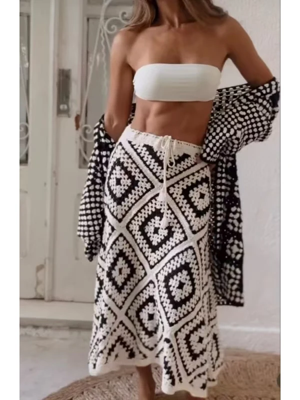 

Retro Ethnic Handmade andmother id Design Sensation Woven Holiday Long Skirt Women's Midi Skirt Hollow out Knitted A-Line...