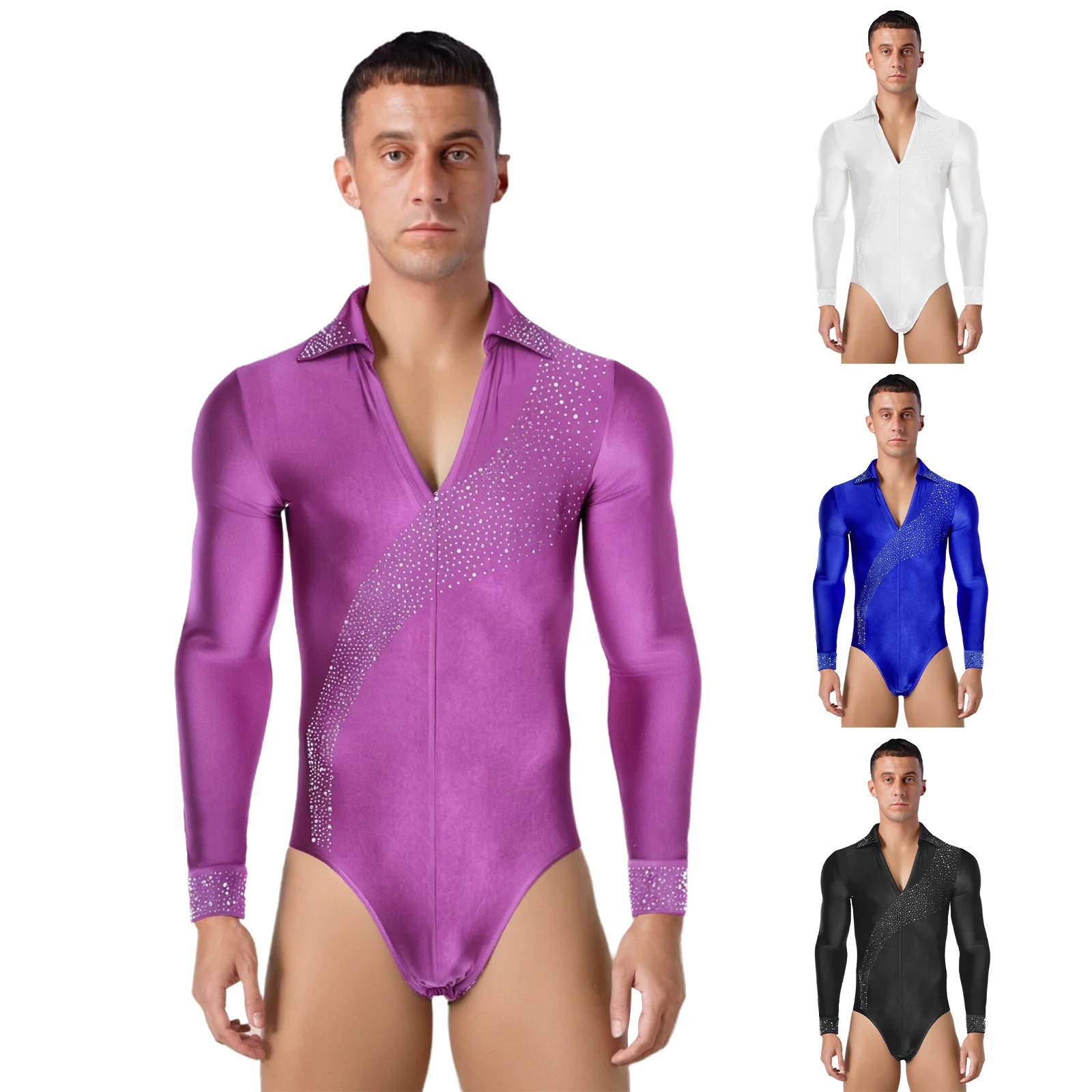 

Mens Shiny Rhinestone V Neck Dance Shirts Unitard Ballroom Modern Latin Tango Rumba Chacha Leotard Bodysuit Jumpsuit Dancewear