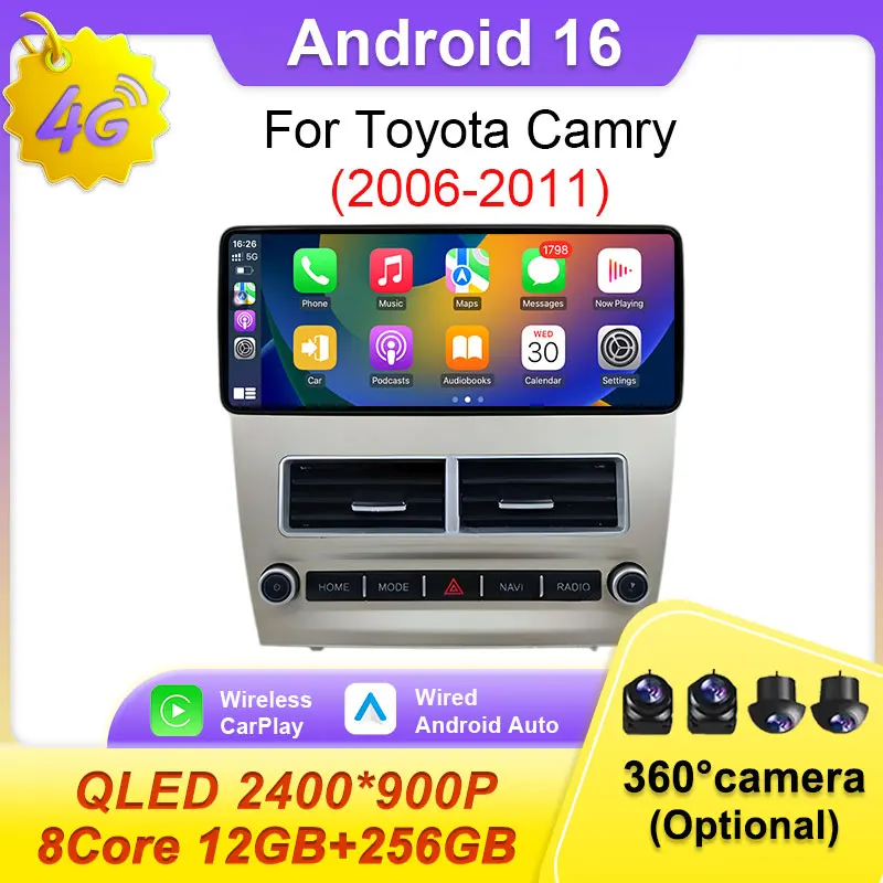 12,3 Zoll Touchscreen für Toyota Camry 2006-2011 Navigation GPS Auto Android 16 Multimedia Player QLED 2400*900P Bluetooth Auto