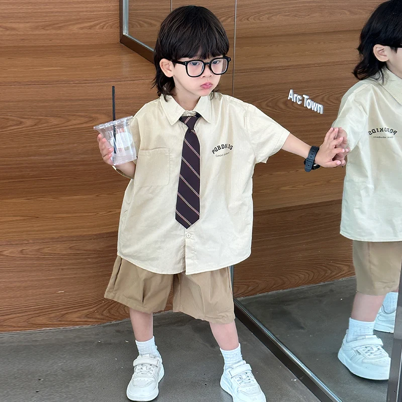 

Boys Summer Outfit Haome Tie ort Sve irt Children Faionable Summer Clothes Cotton Blend Fabric Casual Sport Suit