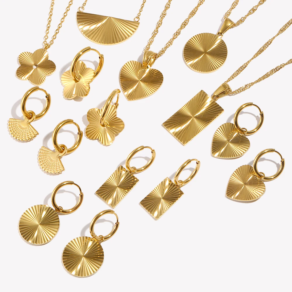 E.B.belle Stainless Steel Enraving Radiating Line Heart Flower Semicircle Irregular Shape Necklace Earring Jewelry Set For Girl