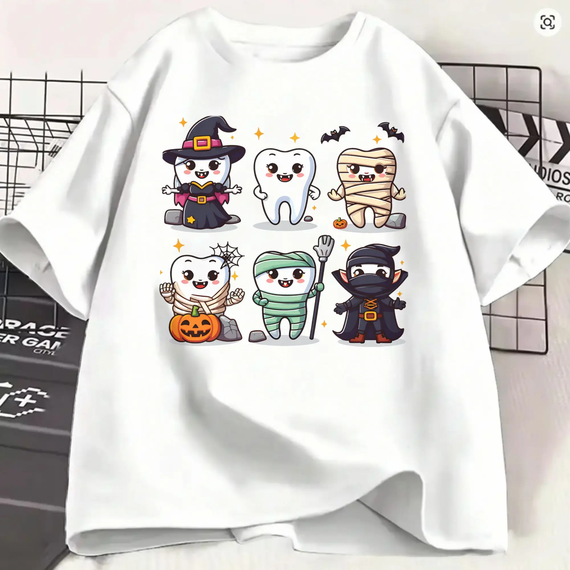 Men Halloween Tooth Characters  T Shirts  Pure Cotton Clothes Novelty Short Sleeve Crewneck Tee Shirt Adult T-Shirts