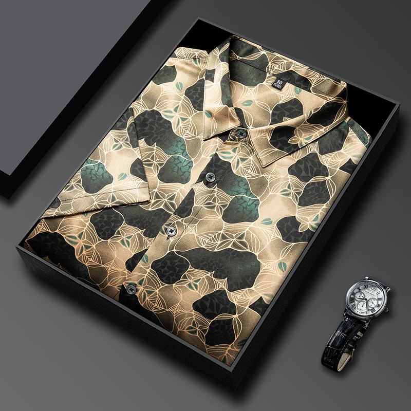 Satin Coolness Thin Print Shirts For Men Short Sleeved Easy Care Summer Quality Silk Blends Smooth Comfortable Camisas De Hombre