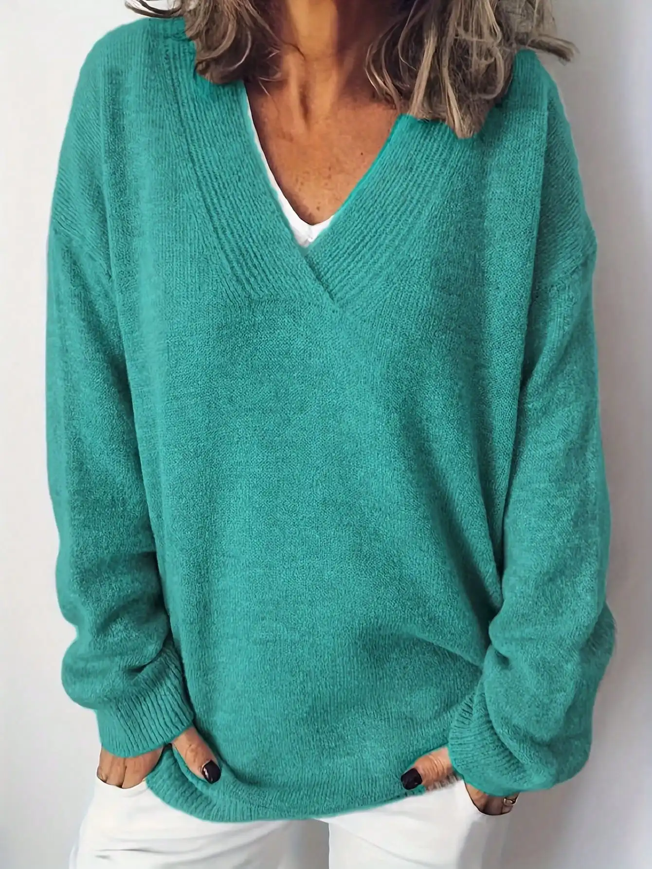 Herbst Winter Täglicher Casual Damen Übergröße V-Ausschnitt Langarm Pullover – Detail 1