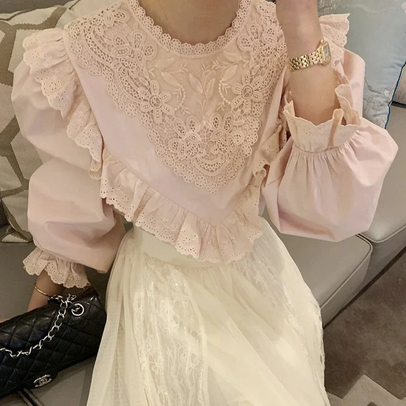 French Retro Court Style White Pink Lace Shirt for Women Fall Fashion Lace Hook Casual Blouse Long Puff Sleeve Ruffles Loose Top