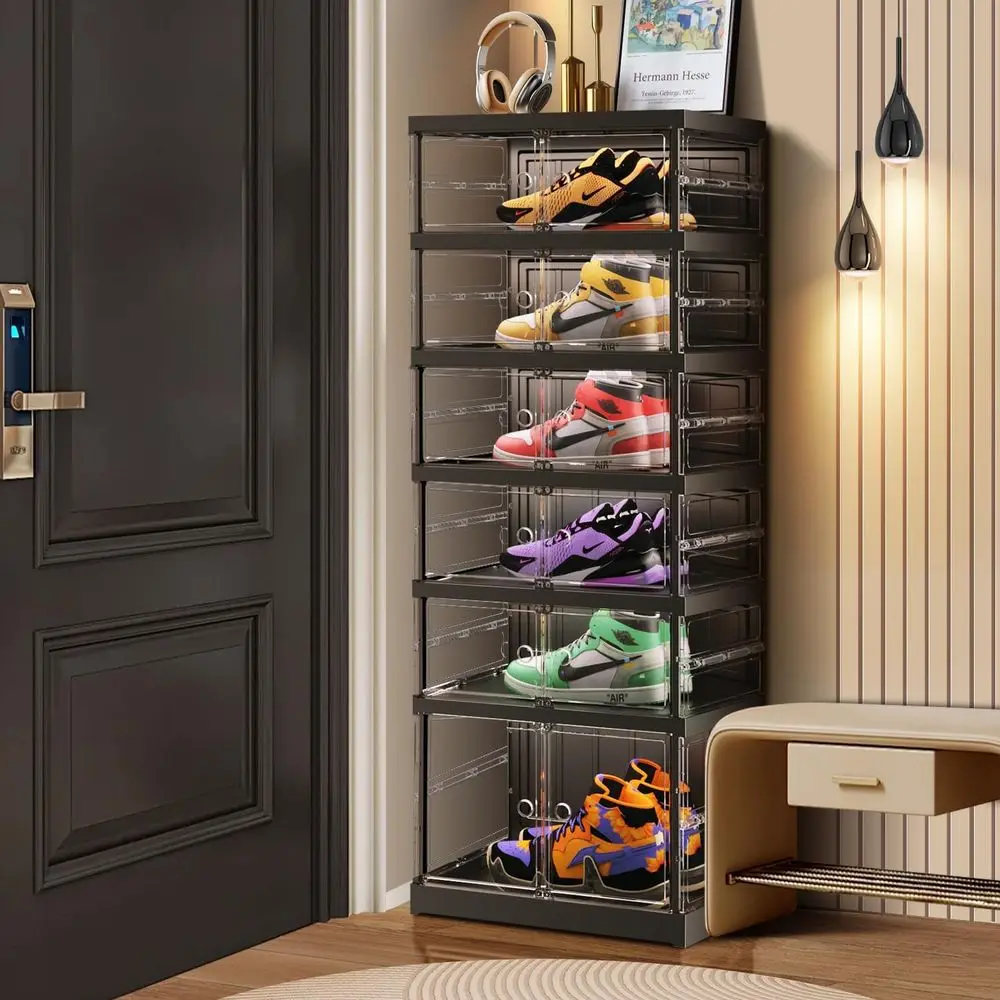

6-Tier Stackable Shoe Storage Cabinet with Door, Clear Plastic Organizer for 6-12 Pairs, Easy Assembly, Black