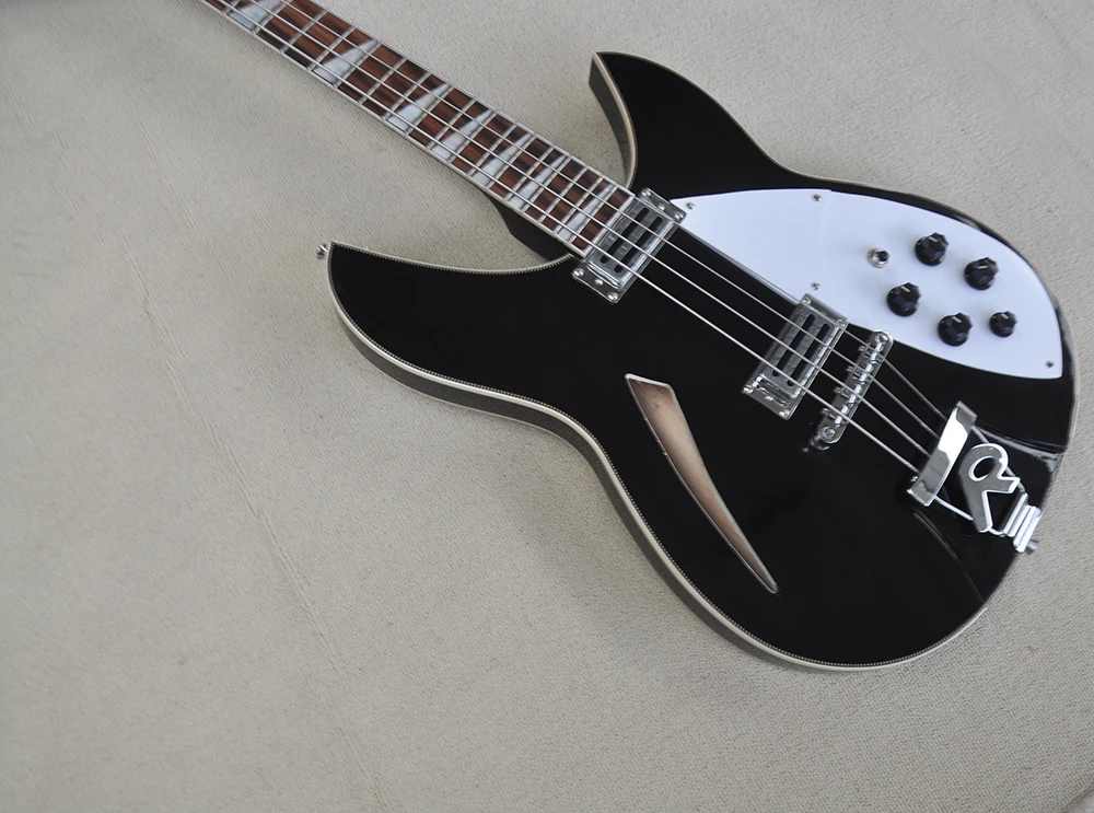 4 Strings Black Semi-hollow Electric Bass with Rosewood Fretboard,White Pickguard,Can be Customized