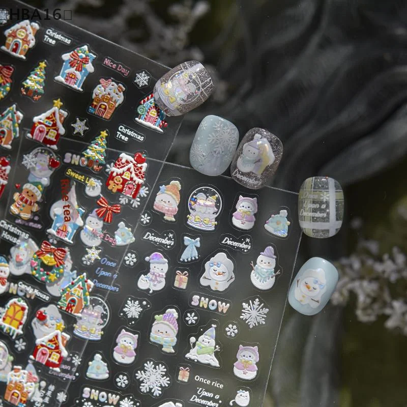 〔HBA16〕크리스마스 릴리프 네일 아트 스티커 겨울 판타지 어린이 네일 스티커 작은 눈사람/집 장식 스티커