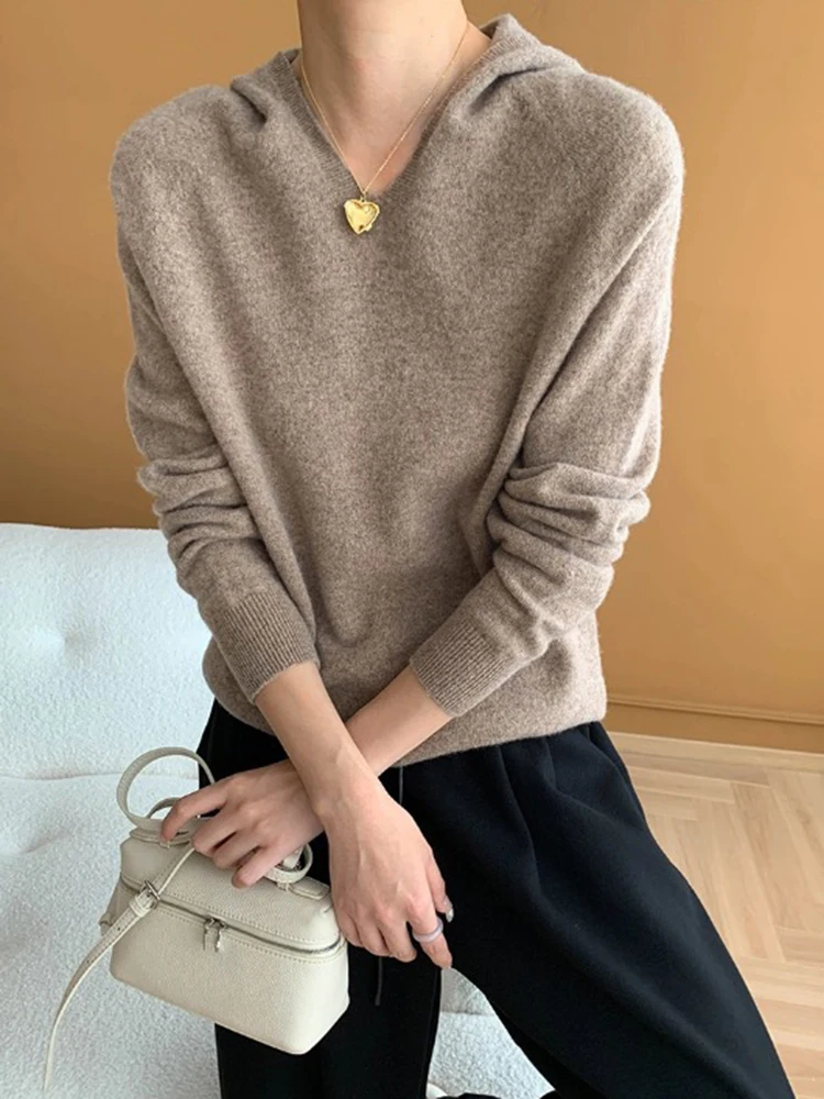 [LANMREM] Hooded Wool Knitting Pullover Sweater For Women Long Sleeve Fit Female Tops Fashion Solid 2024 Autumn New 26C460