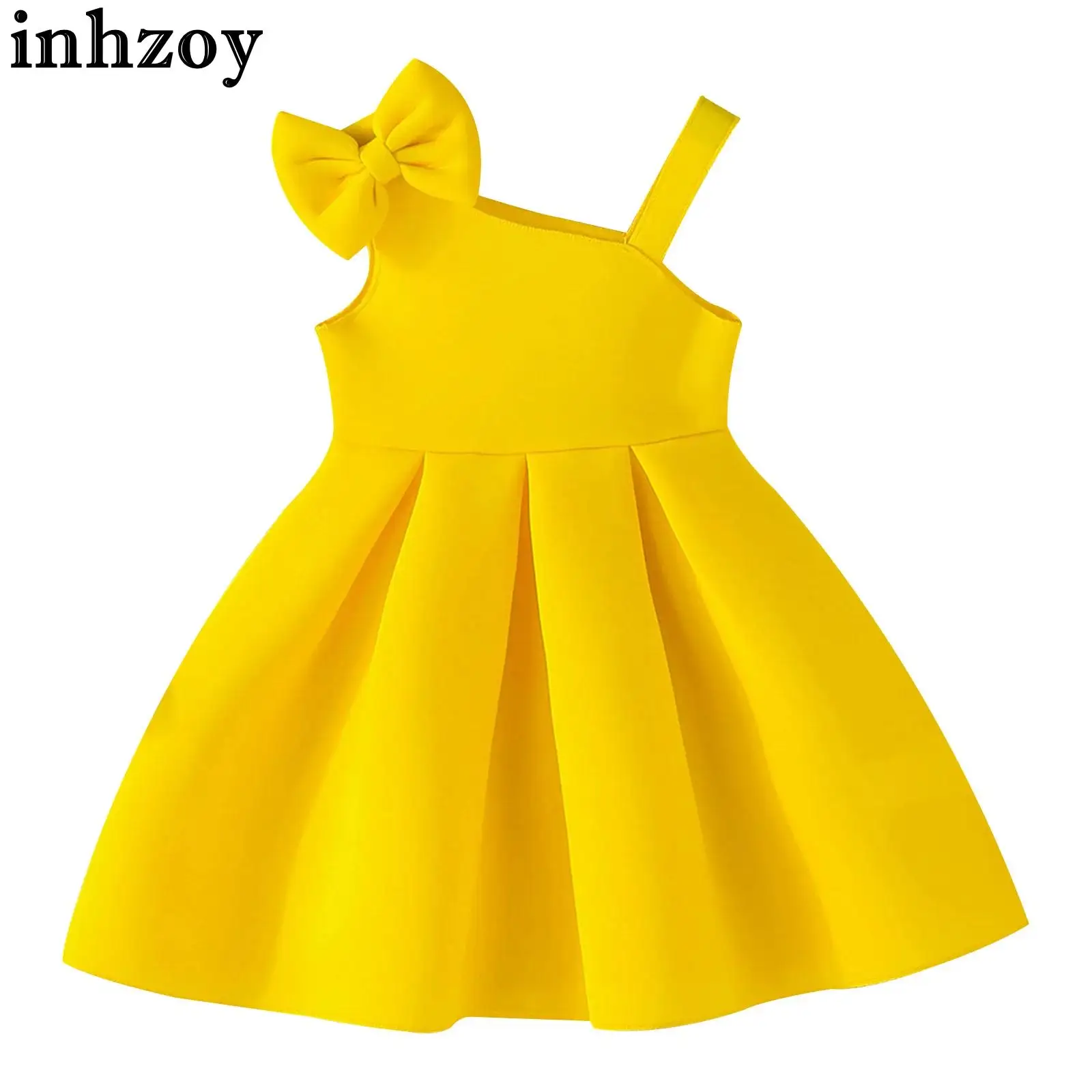 

Infant Girls Summer Sweet Party Dress One Shoulder Sleeveless Solid Color Bow Gown Birthday Wedding Banquet Photography Costume