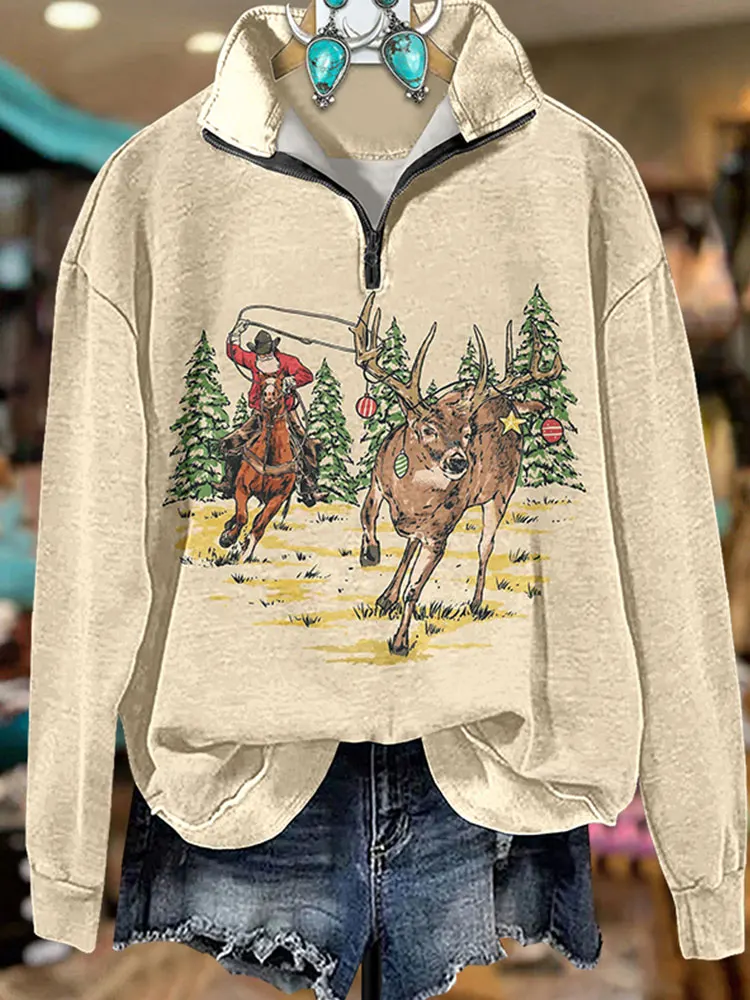 Western Cowboy Elk Zipper Sweatshirt