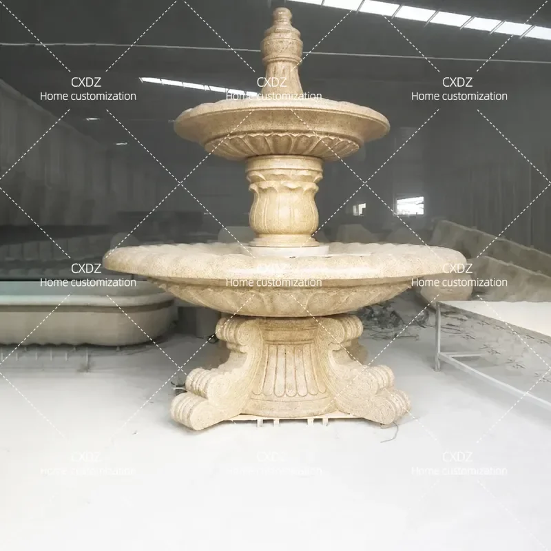 Fontaine sculpturale double couche en pierre jaune rouille pour aménagement paysager extérieur, décoration de jardin de villa et de communauté
