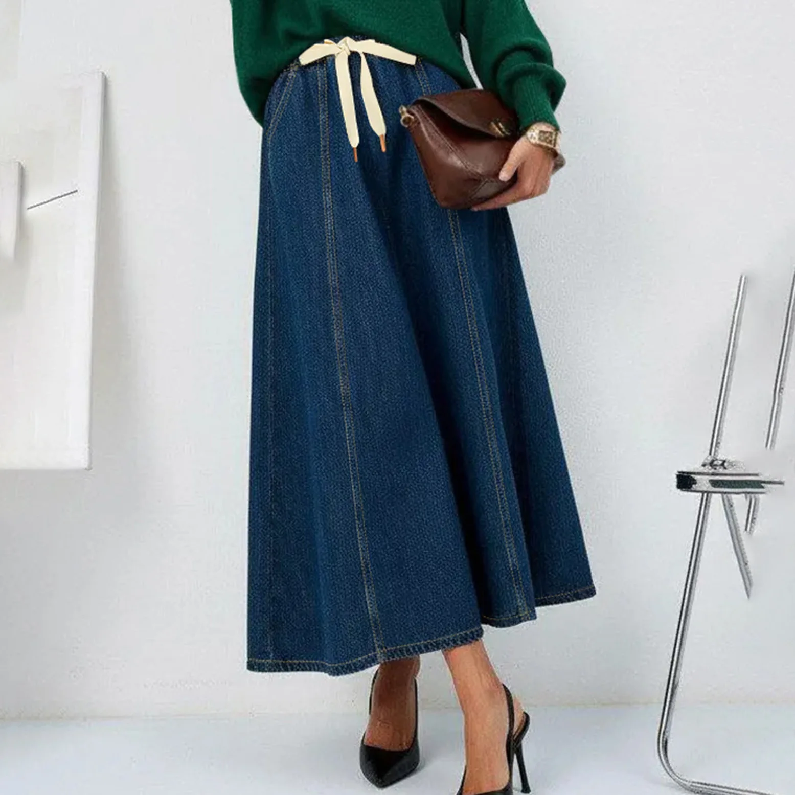 Harajuku Denim Skirt Y2k Aesthetic Elastic Drawstring High Waist A Line Flare Jean Skirt Ladies Vintage Skirts Streetwear view 2