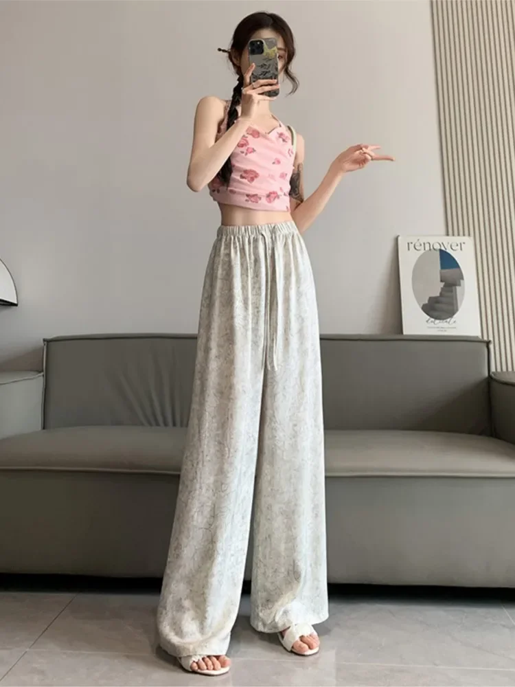 

Chinese Style Satin Printed Ink Wide Leg Pants Women's Summer High Waist Dumping Casual Lazy Style Pants