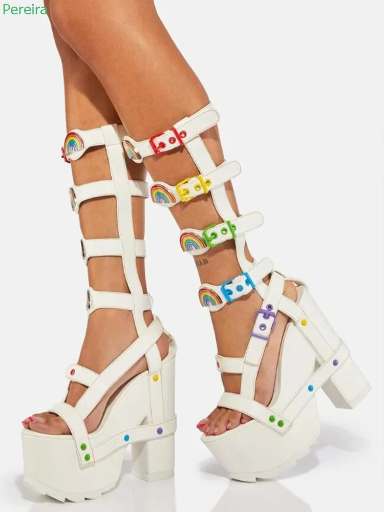 White Platform Rainbow Sandals 2024 New Arrival Solid Chunky Heel Round Toe Adjustable Buckle Fashion Sexy Good Leather Shoes