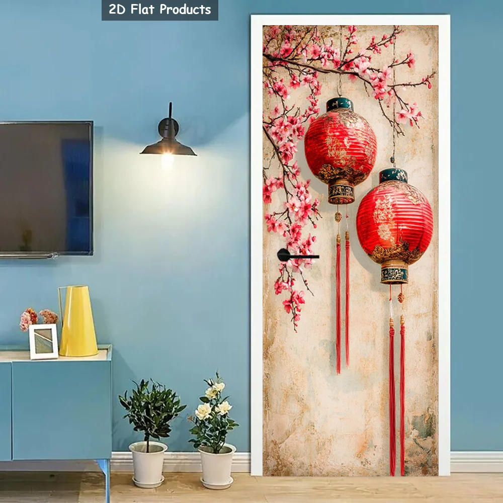 chinese red lantern plum blossom noren door curtain traditional festival art linen half panel living room decor Quick Setup