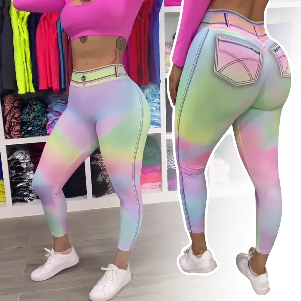 

Tie-Dye Workout Leggings For Women High Waist Gym Leggings Yo-Ga Pants Denim Look Compression Yoga-Pants Casual Daily Wear