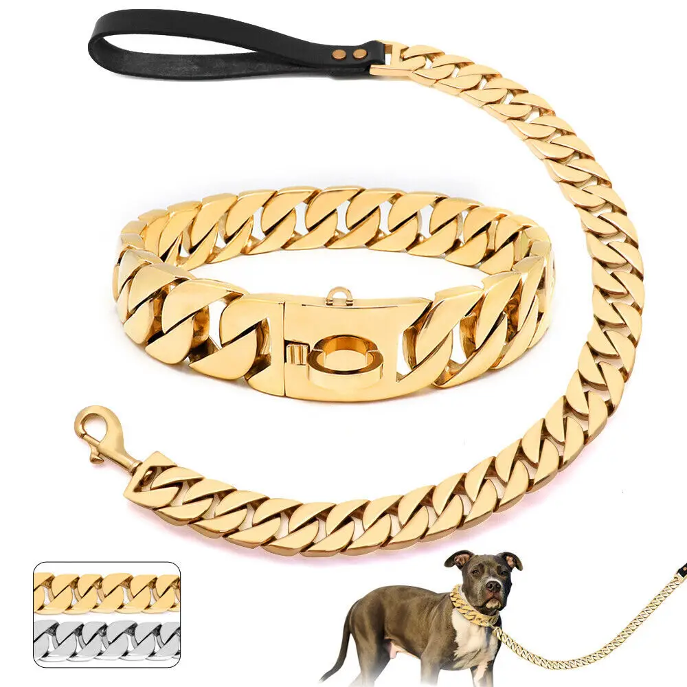 Stainless Steel Gold Dog Chain Leash Super Strong Dog Metal Durable Silver Traction Rope Chain Solid For Pet Jewelry Accessories