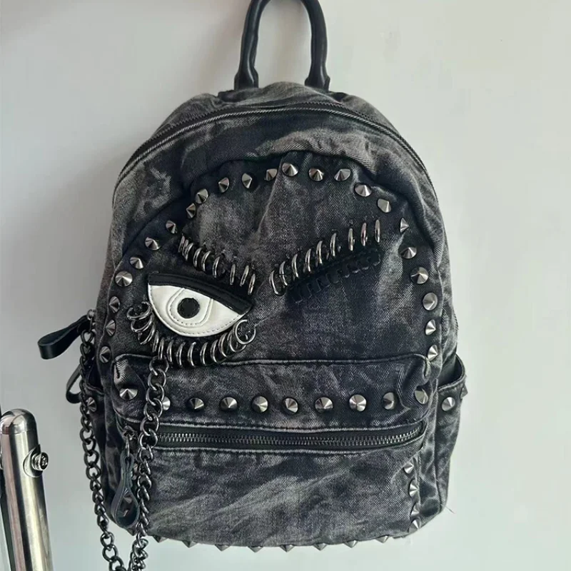 Y2K Gothic Monster Eye Backpack Distressed Washed Denim Rivet Chain Backpack Punk Large Capacity Casual Travel School Rucksack