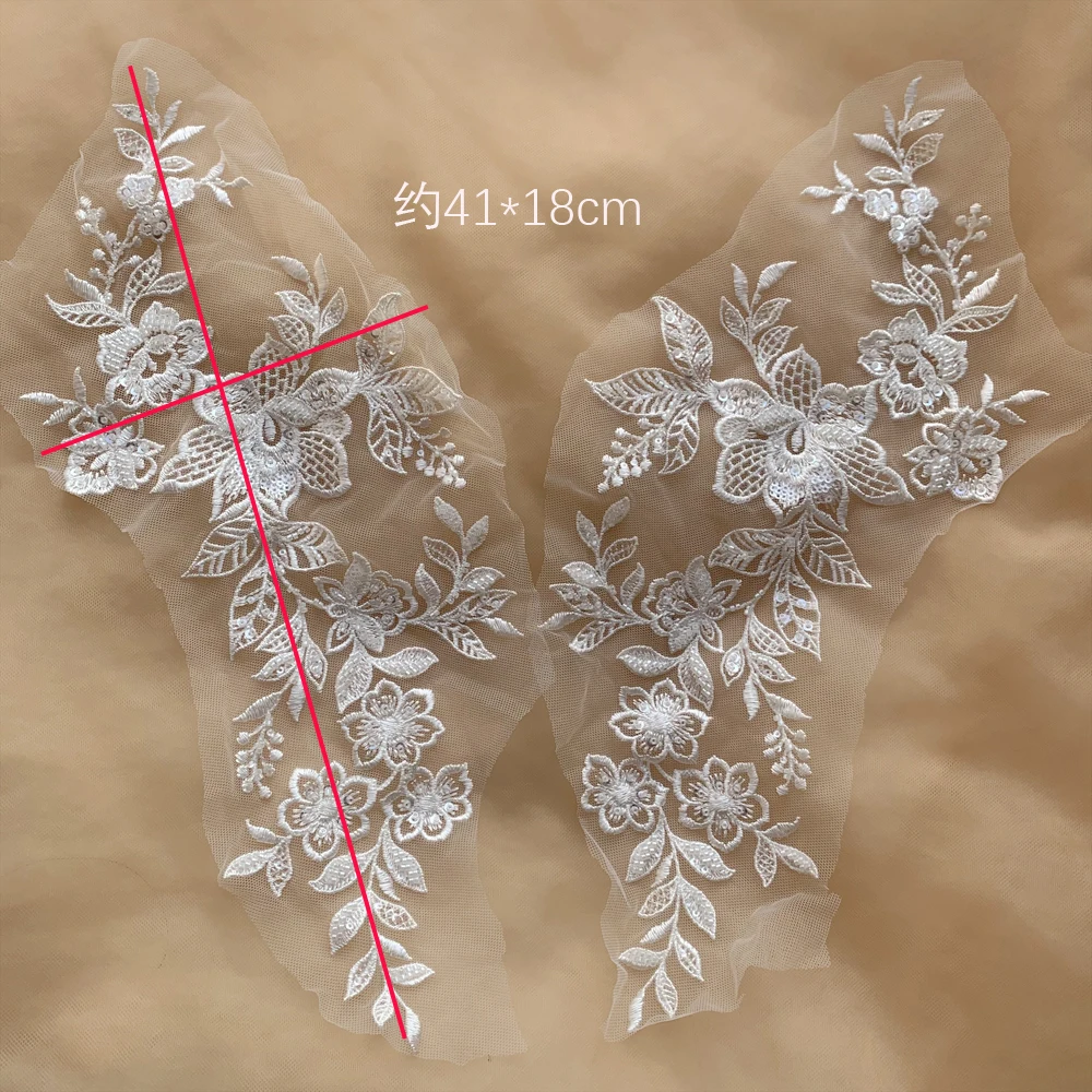 1 Pair 41*18cm Off White Sequin Beads Pretty Wedding Lace Applique Patch Embellishment DIY Accessories