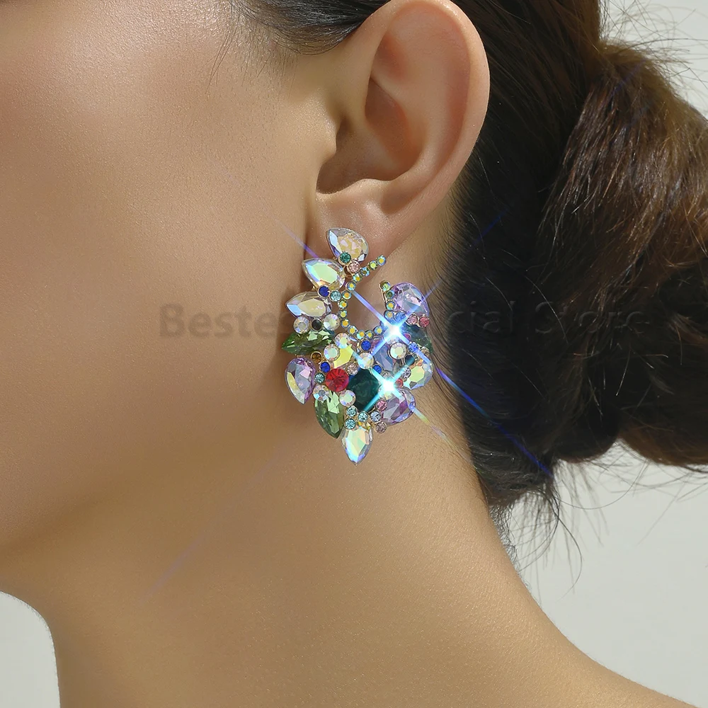 Geometric Multilayer Design Shiny Crystal Exaggerated Stud Earrings For Women Europe America Luxury Elegant Charm Jewelry Gifts