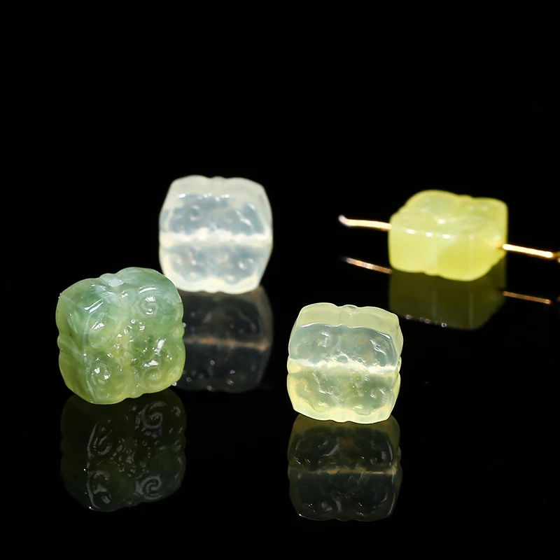 1 Pc Natural Light Green Jade Wealth Square Carved Bead Charm Pendant For Jewelry Making Diy Necklace Bracelet Accessory