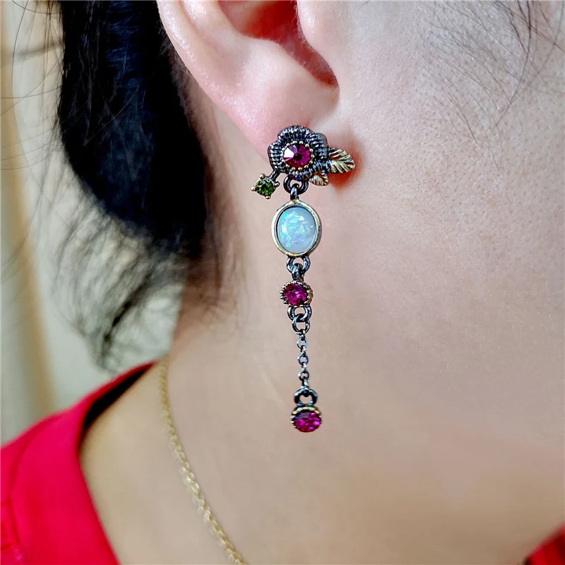 Exquisitos pendientes largos con borlas de circonita negra y roja, con diseño de hoja de planta y flor, para mujer, joyería personalizada.
