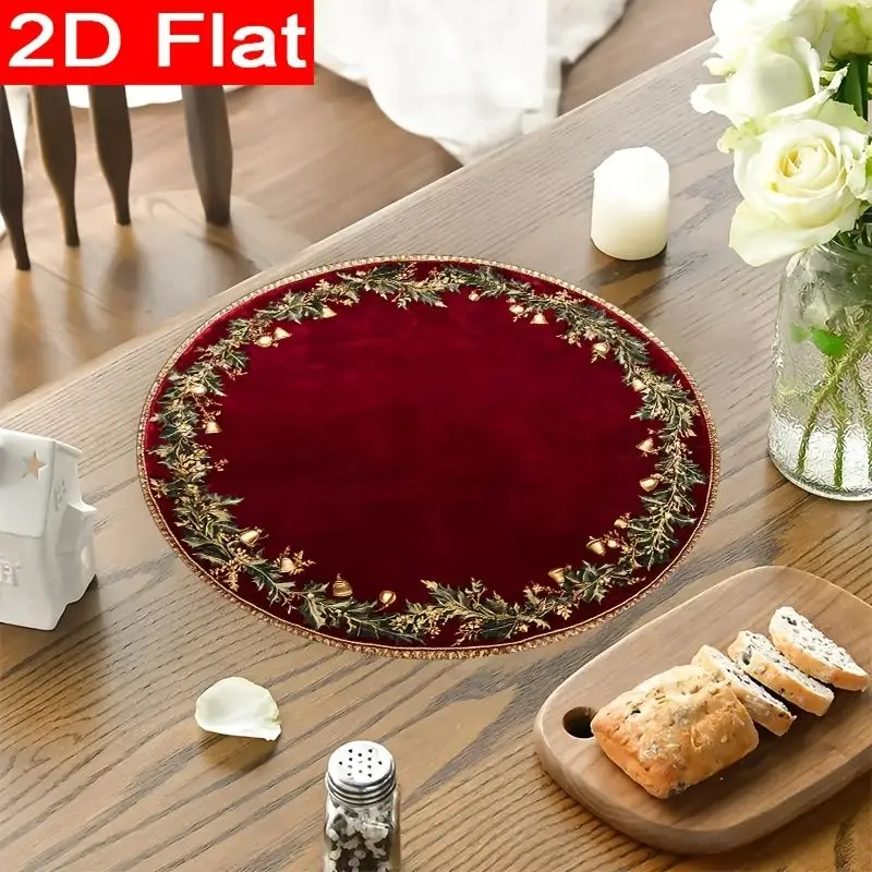 VIKAMA Burgundy Velvet Handbell Holly Round Placemat Crimson Backdrop Golden Leaf Berry Luxury Xmas Table Mat Warm Cozy Soft