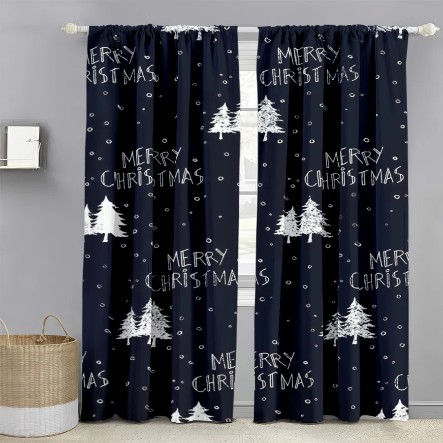 2PCS Digital Print Curtains, Blackboard Chalk Hand Drawn Merry Christmas Text Trees Snow Dots Pattern, Modern Minimalist Style
