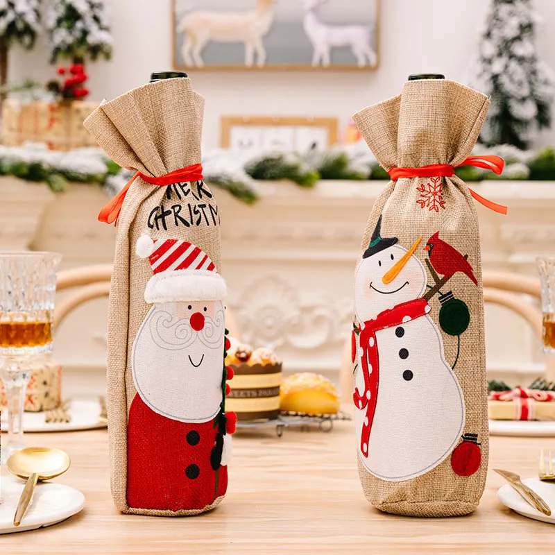 Creative Christmas Decorations Imitation Linen Wine Bottle Covers Snowmen Stickers Bottle Covers Cartoon Drawstring Bottle Bags