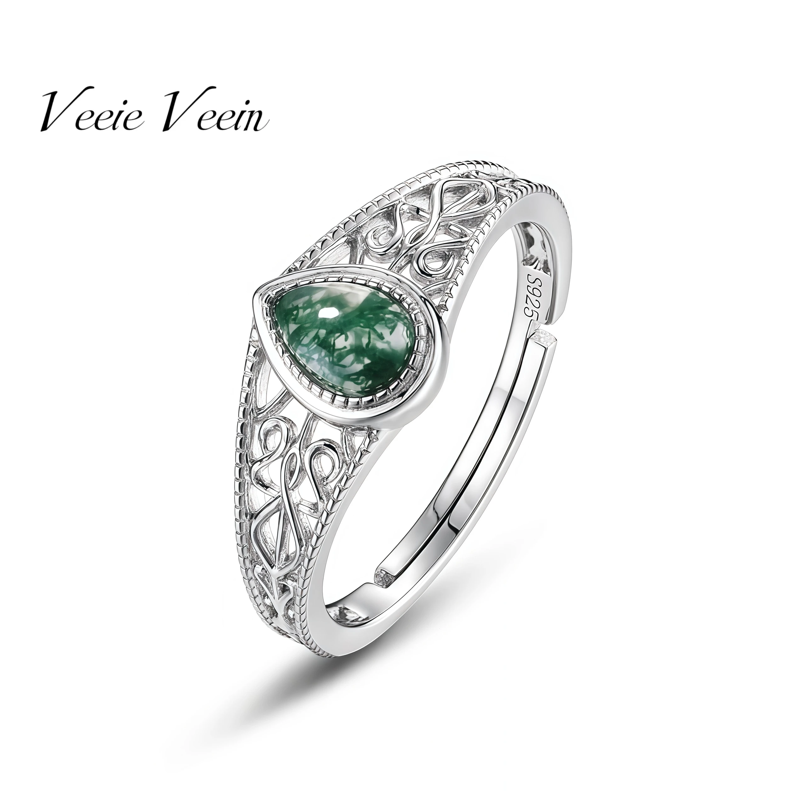 

Veeie Veein Brand S 925 Sterling Silver Rings Women Zircon Gemstones Natural Water Grass Agate Open Ring Jewelry